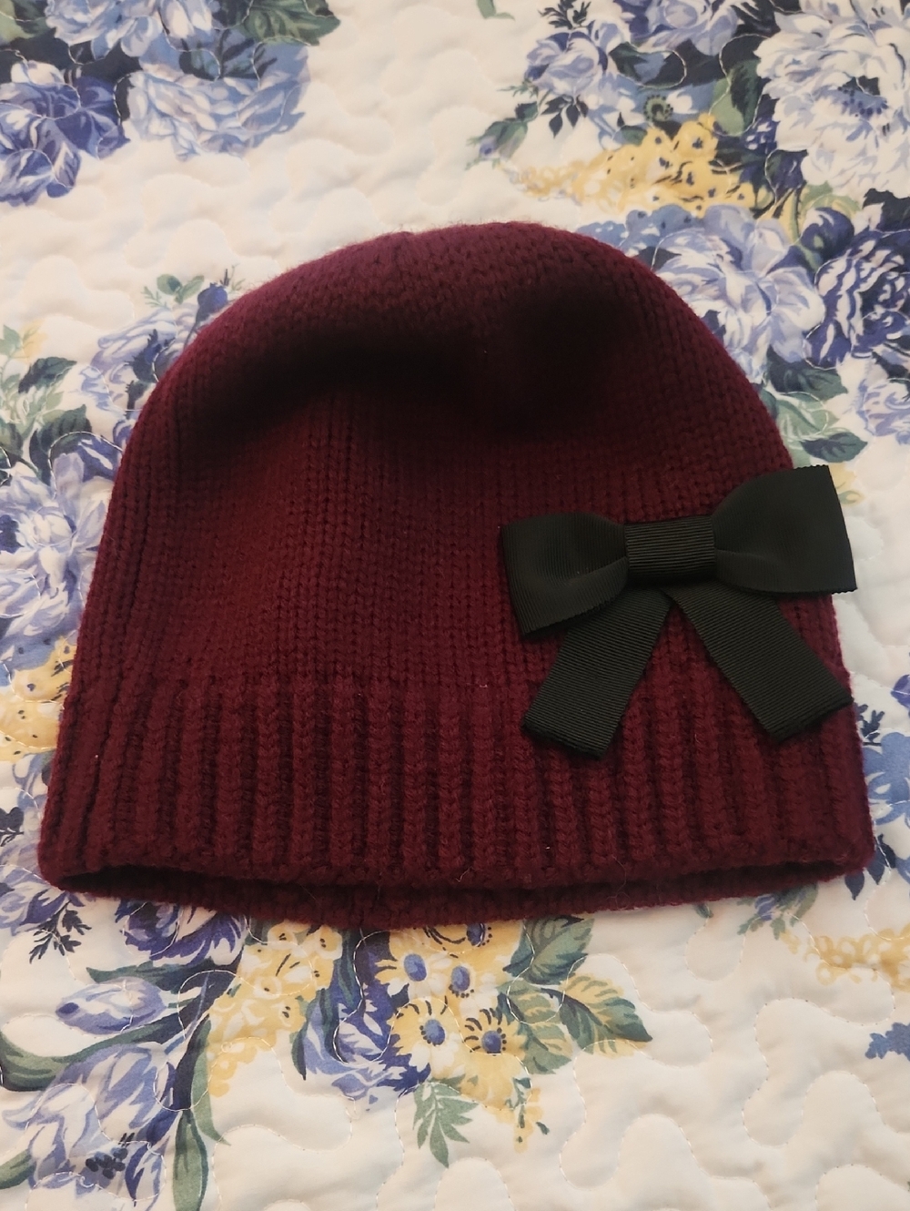 kate spade Burgundy Knit Beanie with Black Bow Accent